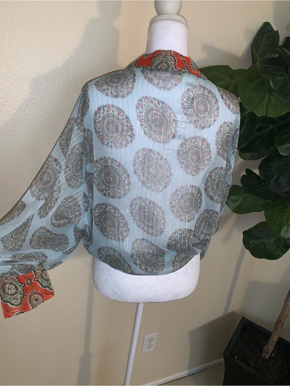 Free People Cool Blue Paisley Print Top with Coral Trim - Picture 4 of 8